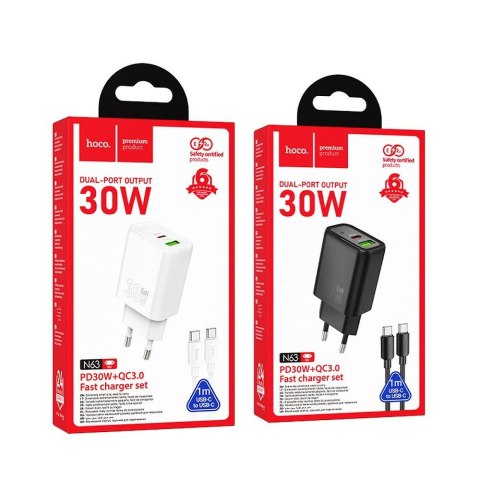 Ładowarka sieciowa do telefonu Hoco USB A + USB C QC3.0 PD 3A 30W + kabel USB C do USB C N63 czarna