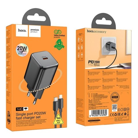 Ładowarka sieciowa do telefonu Hoco USB C QC PD 20W + kabel USB C do Lightning N40 czarna