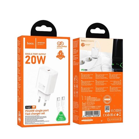 Ładowarka sieciowa do telefonu Hoco USB C QC PD 20W + kabel USB C do USB C N60 biała