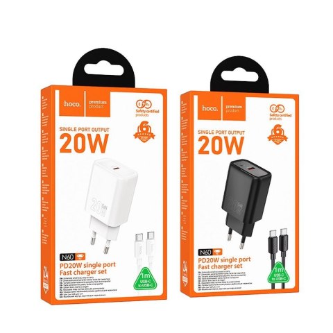 Ładowarka sieciowa do telefonu Hoco USB C QC PD 20W + kabel USB C do USB C N60 biała