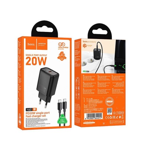 Ładowarka sieciowa do telefonu Hoco USB C QC PD 20W + kabel USB C do USB C N60 czarna