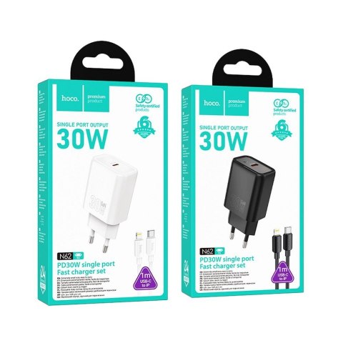 Ładowarka sieciowa do telefonu Hoco USB C QC PD 30W + kabel USB C do Lightning N62 czarna