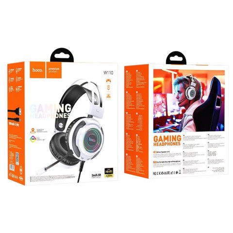 Słuchawki przewodowe nauszne Hoco gamingowe USB A + Jack 3,5 mm gamingowe 2 m W110 białe