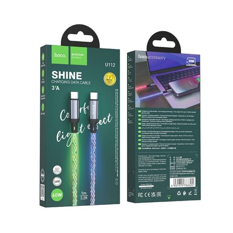 Kabel USB C do USB C Hoco 3A 60W LED 1 m U112 szary