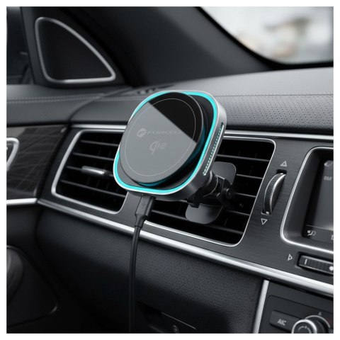 Uchwyt na telefon do samochodu indukcyjny zgodny z MagSafe Forcell F-Grip Air Mag F-07 Qi2 15W do kratki srebrny