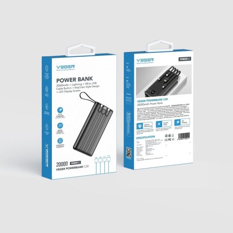 Powerbank Veger C20 (W2047 / W2059) 20000 mAh z wbudowanymi kablami Micro USB / Typ C / Lightning czarny
