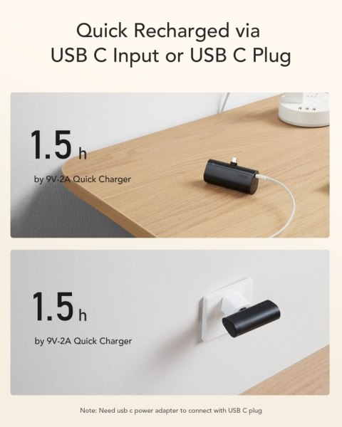 Powerbank Veger PlugOn (W0556/V0556) PD QC3.0 3A 20W 5000 mAh z wbudowanym złączem Typ C czarny