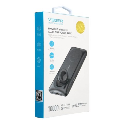 Powerbank zgodny z Magsafe Veger MagMulti (W1156) PD QC3.0 3A 22,5W 10000 mAh z ładowaniem indukcyjnym czarny
