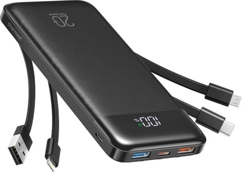 Powerbank 5V 3A 10000 mAh z wbudowanymi kablami USB A / USB C / Lightning / Micro USB Charmast W1148 czarny OINT