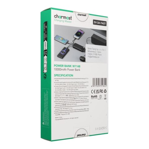 Powerbank 5V 3A 10000 mAh z wbudowanymi kablami USB A / USB C / Lightning / Micro USB Charmast W1148 czarny OINT