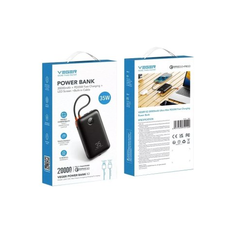 Powerbank Veger K2 (W2068) PD QC3.0 35W 20000 mAh z wbudowanymi kablami Typ C / Lightning czarny