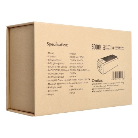 Powerbank Veger Tank Lite (W5001) PD QC3.0 5A 22,5W 50000 mAh czarny