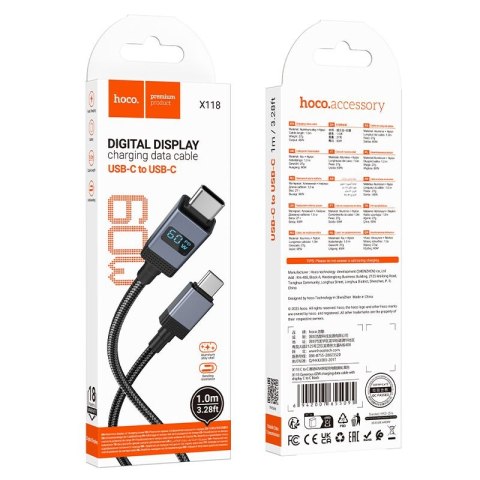 Kabel USB C do USB C Hoco 3A 60W z wyświetlaczem 1 m X118 czarny