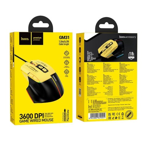 Myszka przewodowa gamingowa Hoco USB A 3600 dpi GM31 czarno żółta