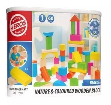 Drewniane kolorowe i naturalne klocki 60el