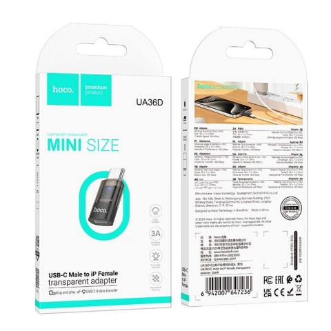 Adapter USB C do Lightning Hoco UA36D transparentny czarny
