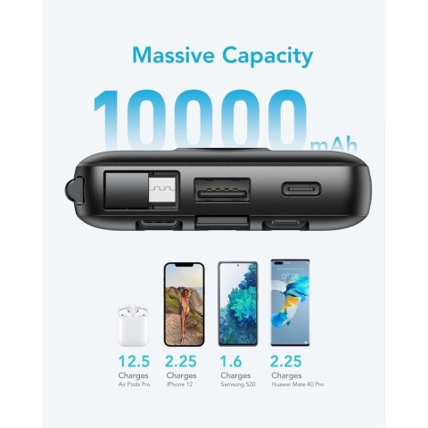 Powerbank Veger C10 (W1116) 10000 mAh z wbudowanymi kablami Micro USB / Typ C / Lightning czarny