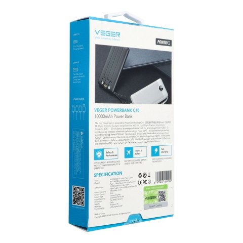 Powerbank Veger C10 (W1116) 10000 mAh z wbudowanymi kablami Micro USB / Typ C / Lightning czarny
