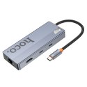 Adapter HUB 8w1 (HDTV+RJ45+SD/TF+PD+Type-C 3.0+USB 3.0 x 2) USB-C Hoco HB52 szary