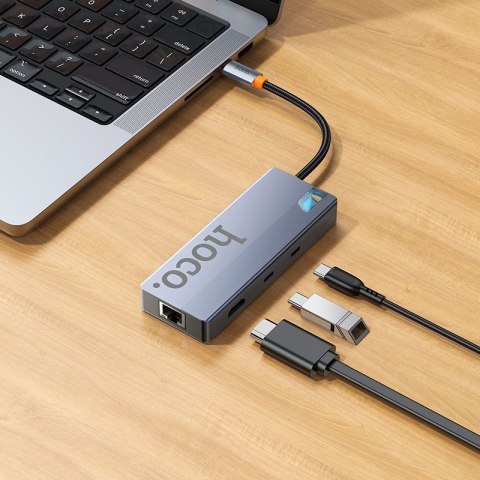 Adapter HUB 8w1 (HDTV+RJ45+SD/TF+PD+Type-C 3.0+USB 3.0 x 2) USB-C Hoco HB52 szary