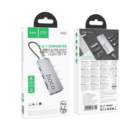 Adapter HUB 8w1 (HDTV+RJ45+SD/TF+PD+Type-C 3.0+USB 3.0 x 2) USB-C Hoco HB52 szary